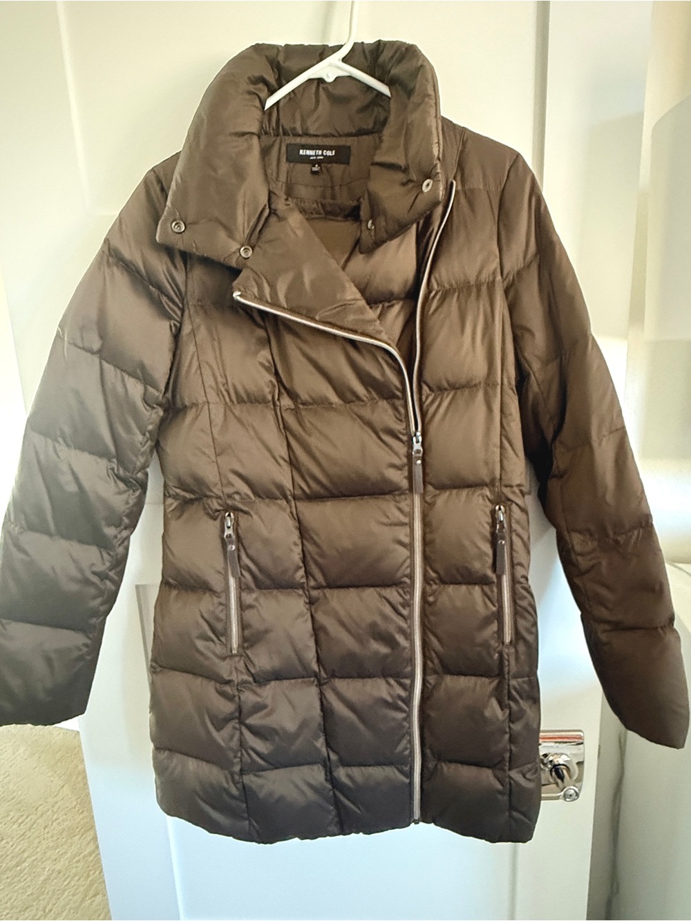 Kenneth Cole New York Women S Down Coat Brown Asymmetrical Zip Knee Length